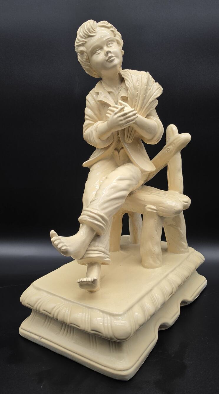 Vintage Pale Yellow Alabaster Boy Sculpture on Rustic Bench 18.5" 11 lbs